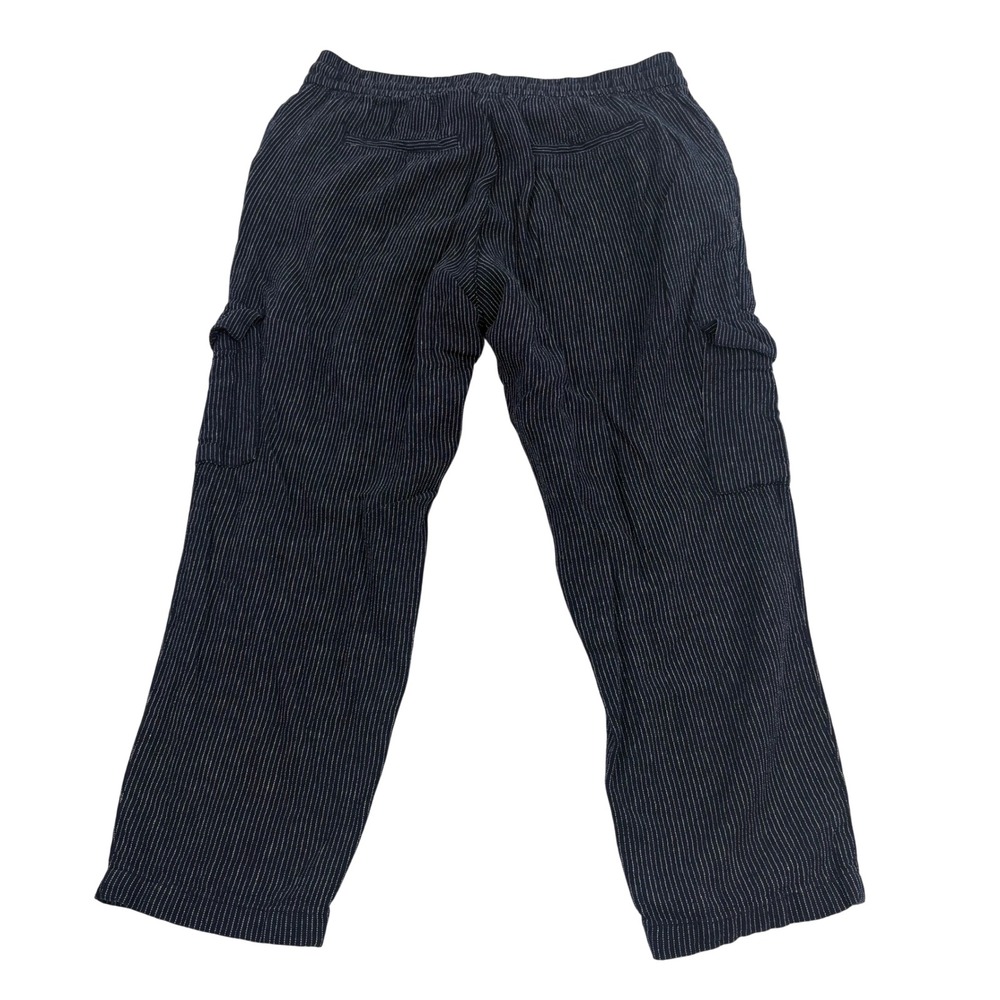 Old Navy Pinstripe Cargo Pants Womens Medium Navy Blue Linen Beachy Pull On